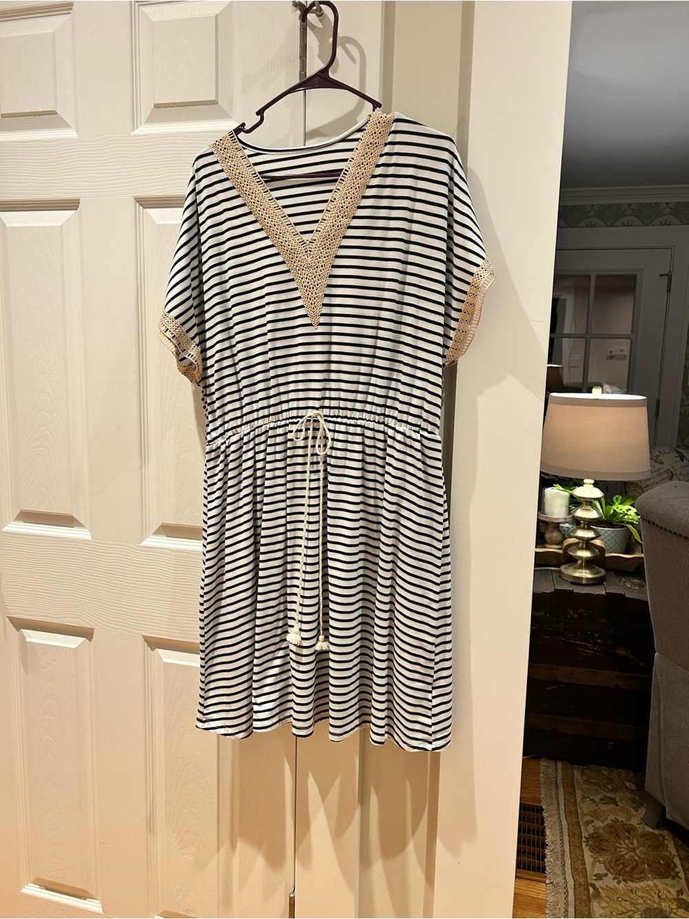 Black & White Striped Midi Dress with Cream Crochet Detail